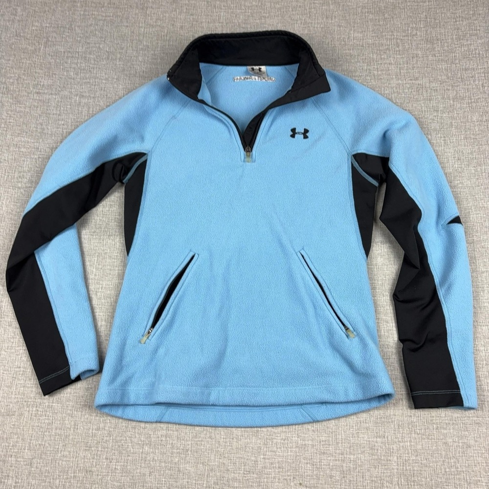 Under Armour Sweatshirt Womens Small Blue Black‎ 1/4 Zip Fleece Pullover Pockets